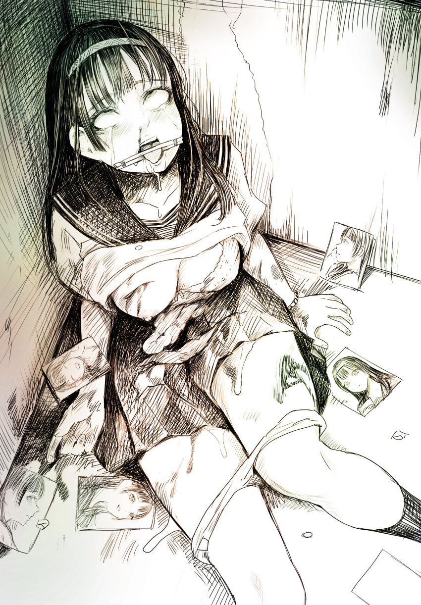 1girl blood bra breasts clothes_lift collarbone corpse cum disembowelment disorder! greyscale guro hairband highres injury kneehighs large_breasts long_hair monochrome necrophilia nosebleed original panties panty_pull photo_(object) pleated_skirt rolling_eyes ryona sailor_collar saliva school_uniform serafuku shirt_lift skirt socks solo tears tongue tongue_clamp tongue_out underwear