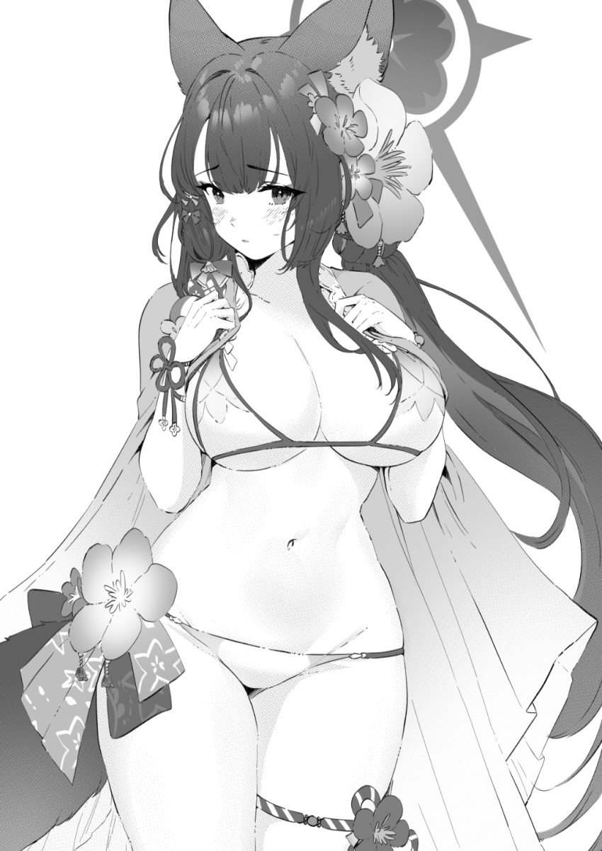 1girl animal_ear_fluff animal_ears bikini blue_archive breasts cowboy_shot flower fox_ears fox_girl fox_tail greyscale hair_flower hair_ornament halo hands_on_own_chest highres jun_project large_breasts long_hair looking_at_viewer monochrome navel parted_lips simple_background solo stomach swimsuit tail thigh_strap very_long_hair wakamo_(blue_archive) wakamo_(swimsuit)_(blue_archive) white_background