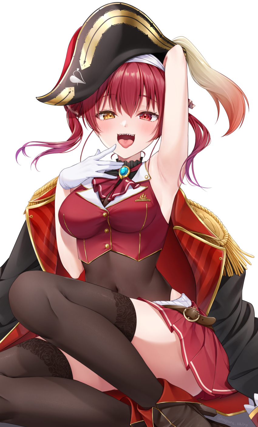 1girl armpits ascot bicorne blush breasts cleavage covered_navel gloves hair_ribbon hat heterochromia highres hololive houshou_marine houshou_marine_(1st_costume) jewelry large_breasts leotard leotard_under_clothes long_hair looking_at_viewer nagura_shiro open_mouth pirate_hat red_ascot red_eyes red_hair red_ribbon ribbon see-through see-through_cleavage see-through_leotard smile solo twintails virtual_youtuber yellow_eyes