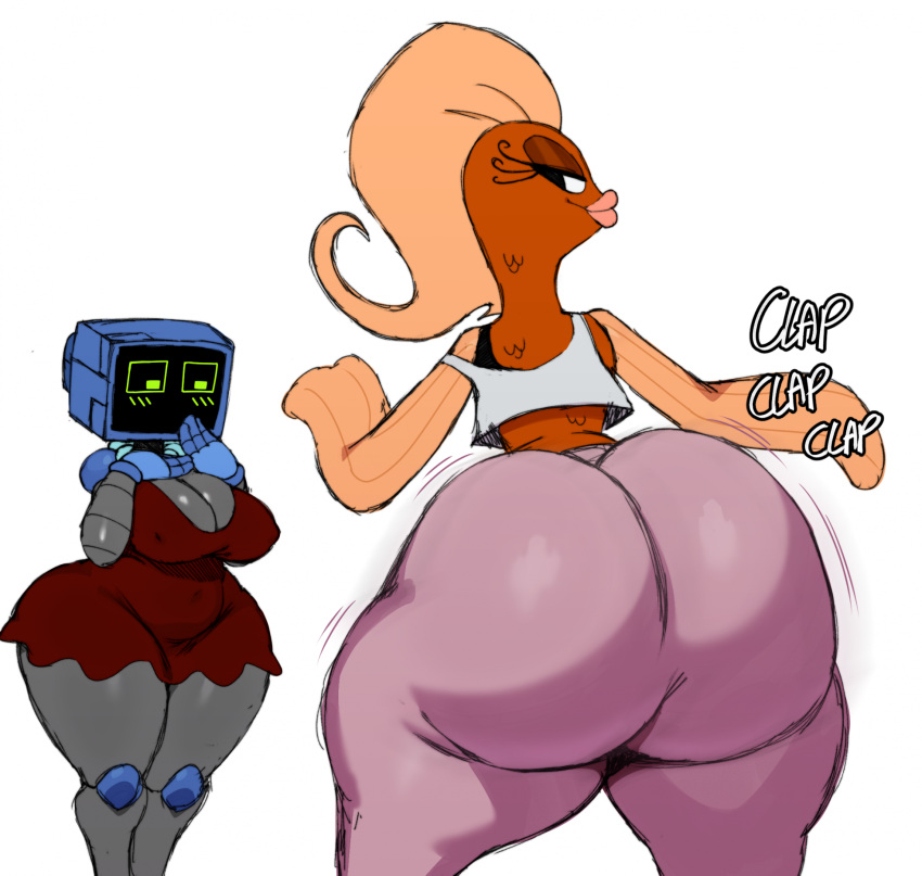 2024 anthro big_breasts big_butt breasts butt clothed clothing duo female fish hi_res huge_breasts huge_butt karen_plankton machine marine nickelodeon onomatopoeia robot simple_background sound_effects spongebob_squarepants sssonic2 text thick_thighs white_background