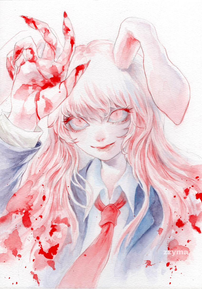 1girl animal_ears artist_name blood blood_drip blood_on_hands blood_splatter blood_stain blue_coat blue_jacket coat collared_shirt fingernails hair_between_eyes hand_up highres jacket johnalay long_hair long_sleeves necktie open_clothes open_jacket pink_eyes pink_fur pink_hair rabbit_ears rabbit_girl red_necktie reisen_udongein_inaba sharp_fingernails shirt simple_background slit_pupils smile touhou traditional_media white_background white_shirt