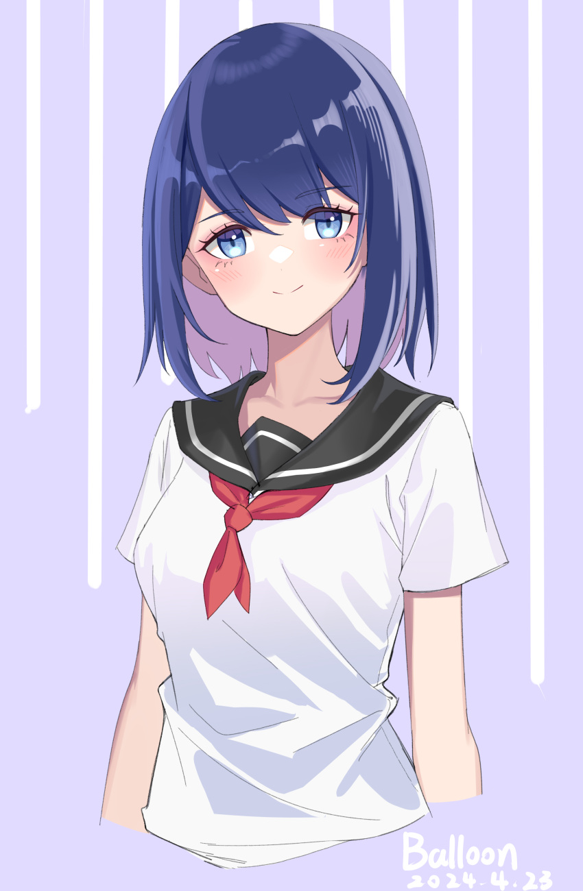 1girl absurdres artist_name balloon_79 black_sailor_collar blue_eyes blue_hair cropped_torso dated highres looking_at_viewer medium_hair neckerchief original purple_background red_neckerchief sailor_collar school_uniform serafuku short_sleeves smile solo upper_body white_serafuku