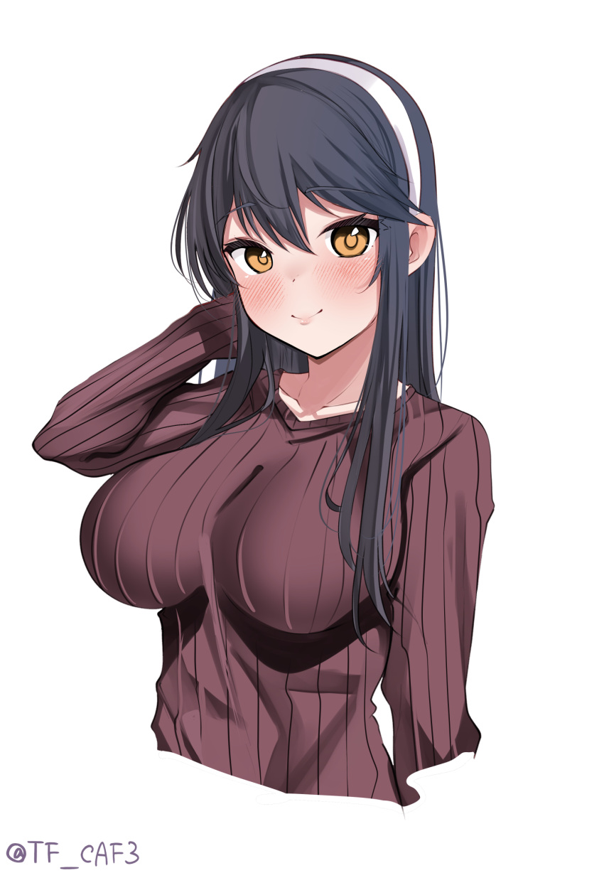 1girl black_hair blush breasts closed_mouth cowboy_shot hair_between_eyes hair_ornament hairband hairclip hand_on_own_head haruna_(kancolle) highres kantai_collection large_breasts light_smile long_hair long_sleeves looking_at_viewer ribbed_shirt shirt simple_background smile solo tf_cafe twitter_username upper_body white_background white_hairband yellow_eyes