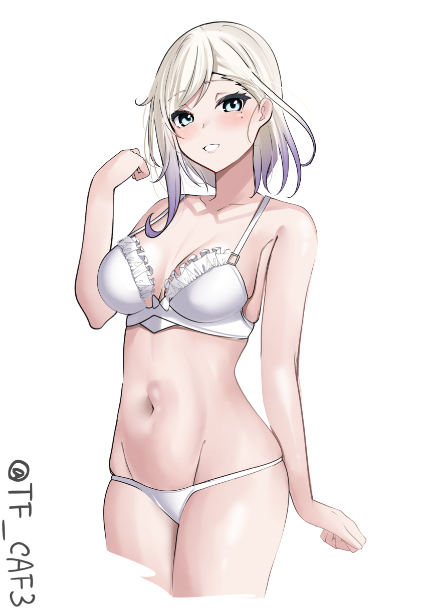 1girl alternate_costume blonde_hair blue_eyes blush bra breasts commentary_request cowboy_shot cropped_legs frilled_bra frills gradient_hair groin highres jean_bart_(kancolle) kantai_collection medium_hair multicolored_hair navel one-hour_drawing_challenge panties simple_background solo tf_cafe twitter_username underwear white_background white_bra white_panties
