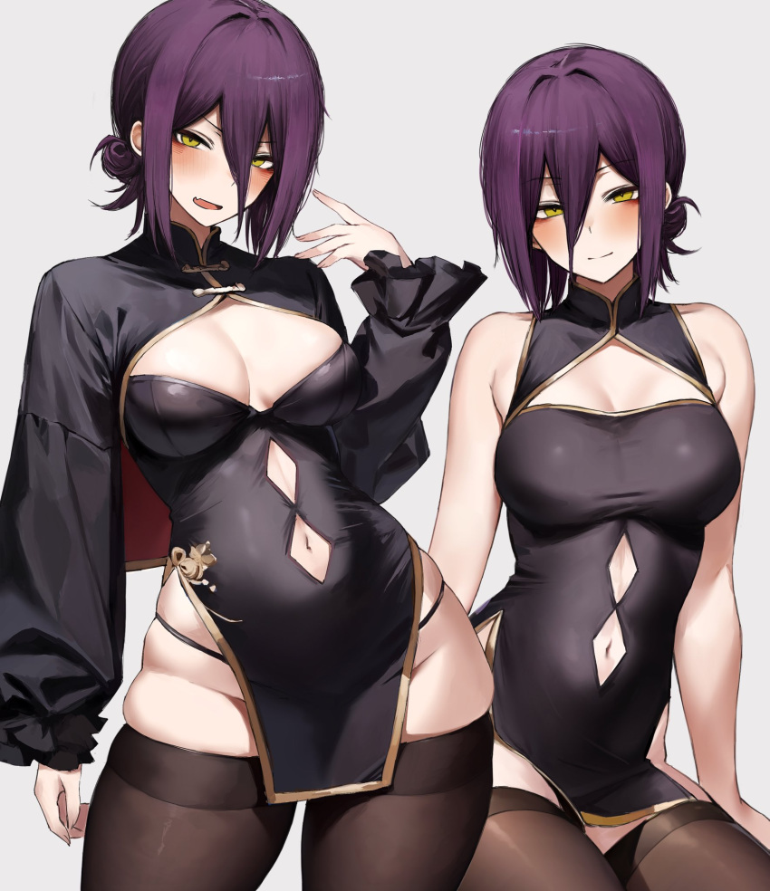 1girl alternate_costume black_dress black_panties blush breasts brown_thighhighs chainsaw_man china_dress chinese_clothes cleavage cleavage_cutout closed_mouth clothing_cutout cowboy_shot cutout_above_navel deyo_(nicijyou) dress fang frilled_sleeves frills grey_background hair_between_eyes hair_bun hair_intakes highres looking_at_viewer medium_breasts multiple_views navel navel_cutout open_mouth panties panty_straps pelvic_curtain purple_hair reze_(chainsaw_man) short_hair simple_background single_hair_bun sitting skin_fang skindentation sleeveless sleeveless_dress smile standing taut_clothes taut_dress thighhighs underwear yellow_eyes