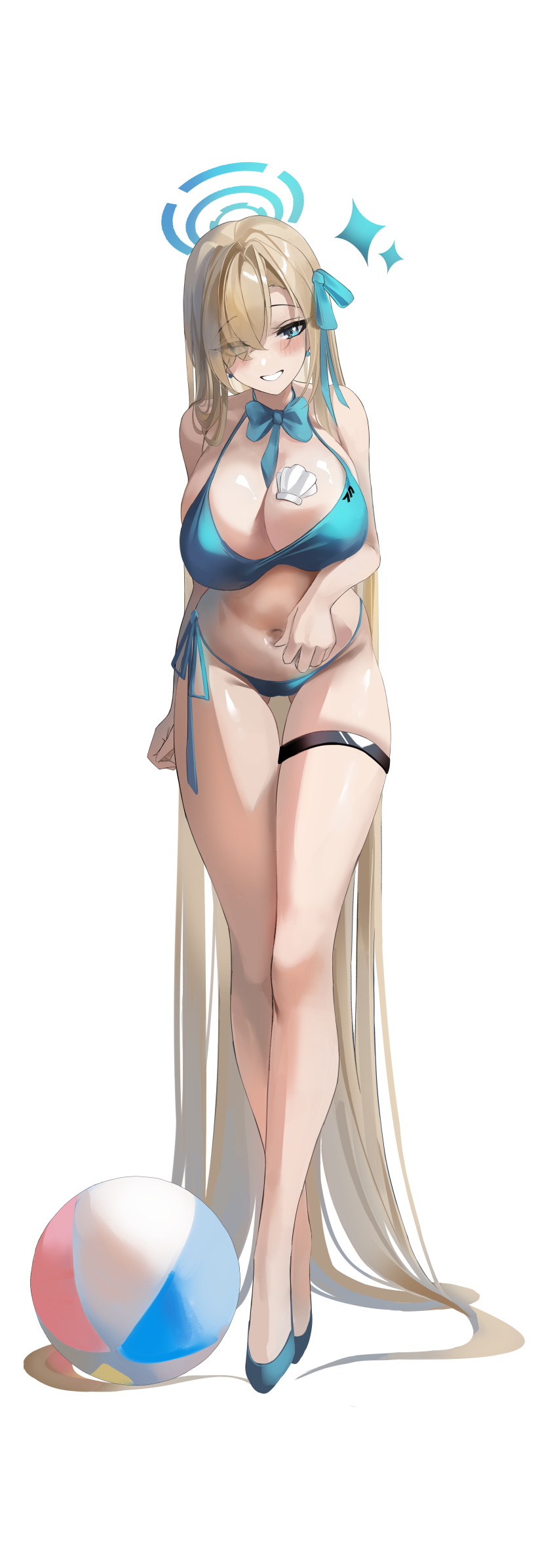 1girl absurdly_long_hair absurdres aqua_bikini aqua_bow aqua_bowtie aqua_footwear ass_visible_through_thighs asuna_(blue_archive) ball beachball bikini blonde_hair blue_archive blush bow bowtie breasts cleavage full_body hair_over_one_eye hair_ribbon halo highres huge_breasts long_hair looking_at_viewer navel prothy ribbon seashell shell side-tie_bikini_bottom simple_background smile solo sparkle stomach swimsuit thigh_gap thigh_strap very_long_hair white_background