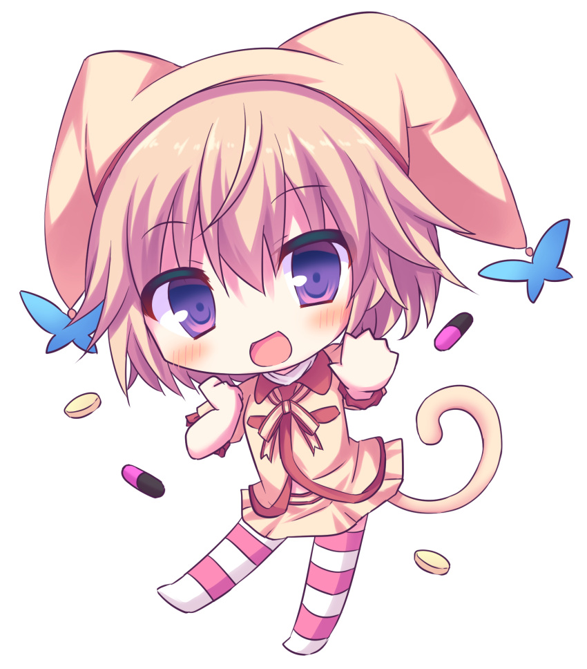 1girl blonde_hair blush cat_sidhe_nekoko cat_tail chibi drugs full_body hat highres jester_cap korokoro_cat looking_at_viewer open_mouth pill purple_eyes shirt short_hair simple_background skirt smile solo striped_clothes striped_thighhighs tail thighhighs white_background yume_miru_kusuri