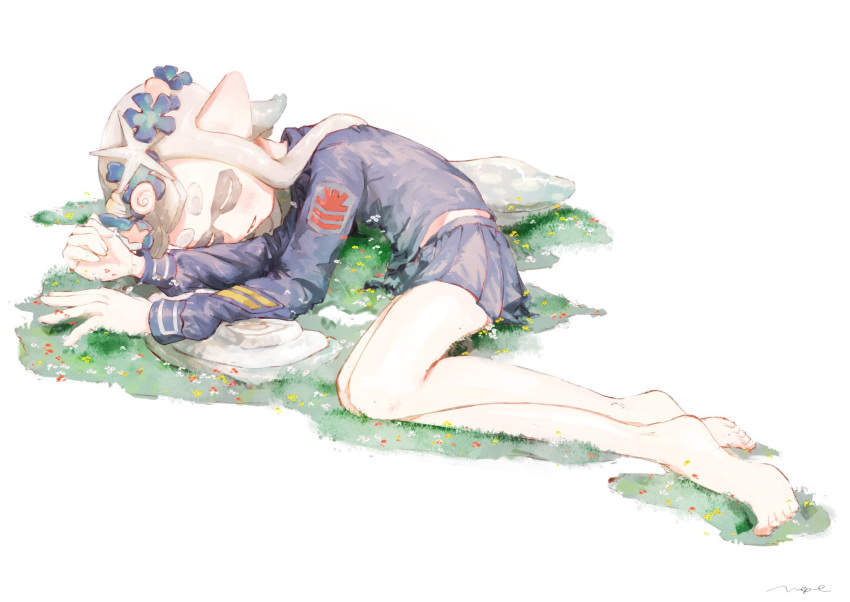 1girl barefoot blue_flower blue_hair blue_shirt blue_skirt blush closed_eyes commentary_request flower full_body gradient_hair grass grey_hair head_wreath highres inkling_girl inkling_player_character long_hair long_sleeves lying midriff_peek multicolored_hair on_grass on_side parted_lips pleated_skirt pointy_ears pppmepl red_flower seashell shell shirt signature skirt sleeping solo splatoon_(series) splatoon_3 suction_cups tentacle_hair thick_eyebrows twintails two-tone_hair white_background white_flower yellow_flower