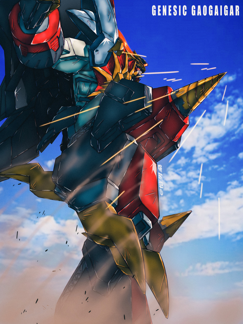 absurdres cloud drill dust genesic_gaogaigar highres kainansang kneeing mecha motion_lines no_humans orange_eyes robot science_fiction sky solo super_robot yuusha_ou_gaogaigar yuusha_ou_gaogaigar_final yuusha_series