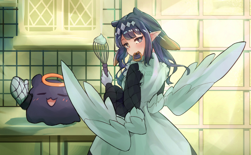 +_+ 1girl apron black_dress black_hair blunt_bangs character_cookie commentary cookie cooking cowboy_shot dress elun_(elun_00) english_commentary feathered_wings food frilled_apron frills from_behind gloves gradient_hair grey_eyes hair_flaps headpiece highres holding holding_whisk hololive hololive_english indoors kitchen long_hair long_sleeves looking_at_viewer looking_back low_wings mittens mole mole_under_eye mouth_hold multicolored_hair ninomae_ina'nis ninomae_ina'nis_(6th_costume) official_alternate_costume official_alternate_hairstyle orange_hair pointy_ears puffy_long_sleeves puffy_sleeves short_dress sidelocks solo takodachi_(ninomae_ina'nis) tentacle_hair virtual_youtuber wavy_hair whisk white_apron white_gloves white_mittens white_wings wings