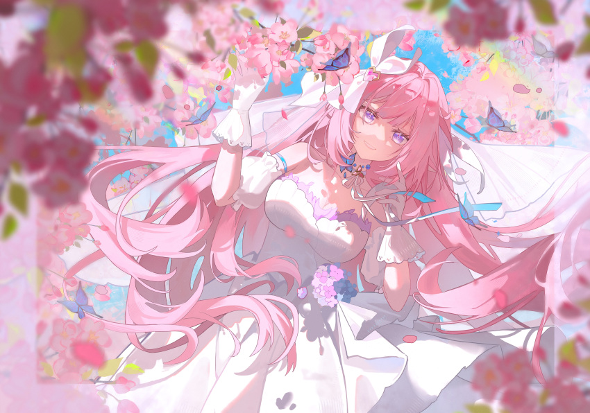 1girl absurdres bare_shoulders blue_butterfly breasts bug butterfly cherry_blossoms choker cleavage commentary_request cowboy_shot detached_sleeves diamond-shaped_pupils diamond_(shape) dress elysia_(herrscher_of_human:ego)_(honkai_impact) elysia_(honkai_impact) flower gloves hands_up highres honkai_(series) honkai_impact_3rd long_hair looking_at_viewer meijianshanshuizhangming parted_lips pink_flower pink_hair purple_eyes ribbon_choker smile solo strapless strapless_dress symbol-shaped_pupils very_long_hair white_dress white_gloves white_sleeves white_veil