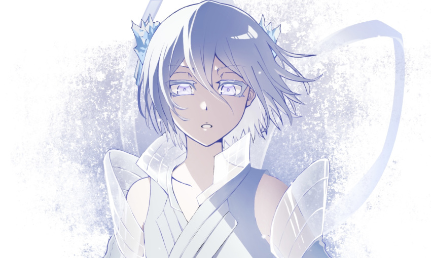 1girl bankai bare_shoulders bleach bleach:_sennen_kessen-hen bright_pupils collared_dress colored_eyelashes commentary double-parted_bangs dress expressionless floating_hair hair_between_eyes hair_ornament hakka_no_togame_(bankai) highres ice kuchiki_rukia looking_at_viewer parted_lips purple_eyes ribbon short_hair sidelighting simple_background solo sumire_1046 upper_body white_background white_dress white_hair white_ribbon