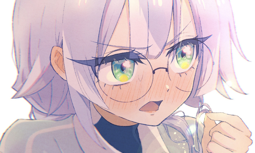 1girl blunt_bangs blush close-up ear_blush glasses green_eyes hifumi_suu highres holding holding_hair kimi_no_koto_ga_dai_dai_dai_dai_daisuki_na_100-nin_no_kanojo kwi lips long_eyelashes long_hair open_mouth purple_hair round_eyewear shirt solo turtleneck turtleneck_shirt