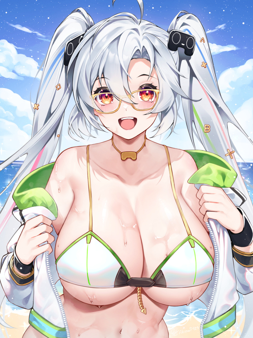 1girl beach bikini blue_hair breasts character_request controller_hair_ornament glasses green_hair hair_between_eyes hair_ornament highres indie_virtual_youtuber jacket large_breasts multicolored_hair navel ocean open_mouth red_eyes red_hair ribura_(limezstariouz) smile stomach swimsuit twintails virtual_youtuber white_bikini white_hair white_jacket