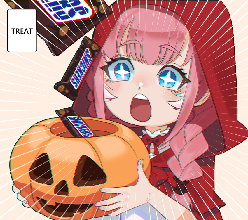+_+ 1girl absurdres blue_eyes bow bowtie braid building candy candy_bar child choker cloak cosplay dress dual_persona food gradient_hair hair_wings halloween halloween_bucket head_wings highres holding hololive hood hood_up jack-o'-lantern little_red_riding_hood_(grimm) little_red_riding_hood_(grimm)_(cosplay) long_hair multicolored_hair night open_mouth paid_reward_available pink_hair pumpkin red_bow red_bowtie red_cloak red_hood snickers_(brand) solo speed_lines takane_lui trick_or_treat twin_braids white_choker white_dress white_hair wide-eyed wings yan_jhia