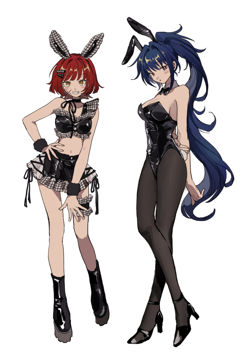 2girls animal_ears aoi_(yooo009) bare_shoulders black_pantyhose bow bowtie breasts cleavage detached_collar fake_animal_ears fishnets full_body gloves hair_between_eyes hand_on_own_hip high_heels highres large_breasts long_hair looking_at_viewer multiple_girls original pantyhose ponytail rabbit_ears rabbit_tail red_eyes red_hair short_hair simple_background smile standing strapless tail very_long_hair white_background wrist_cuffs