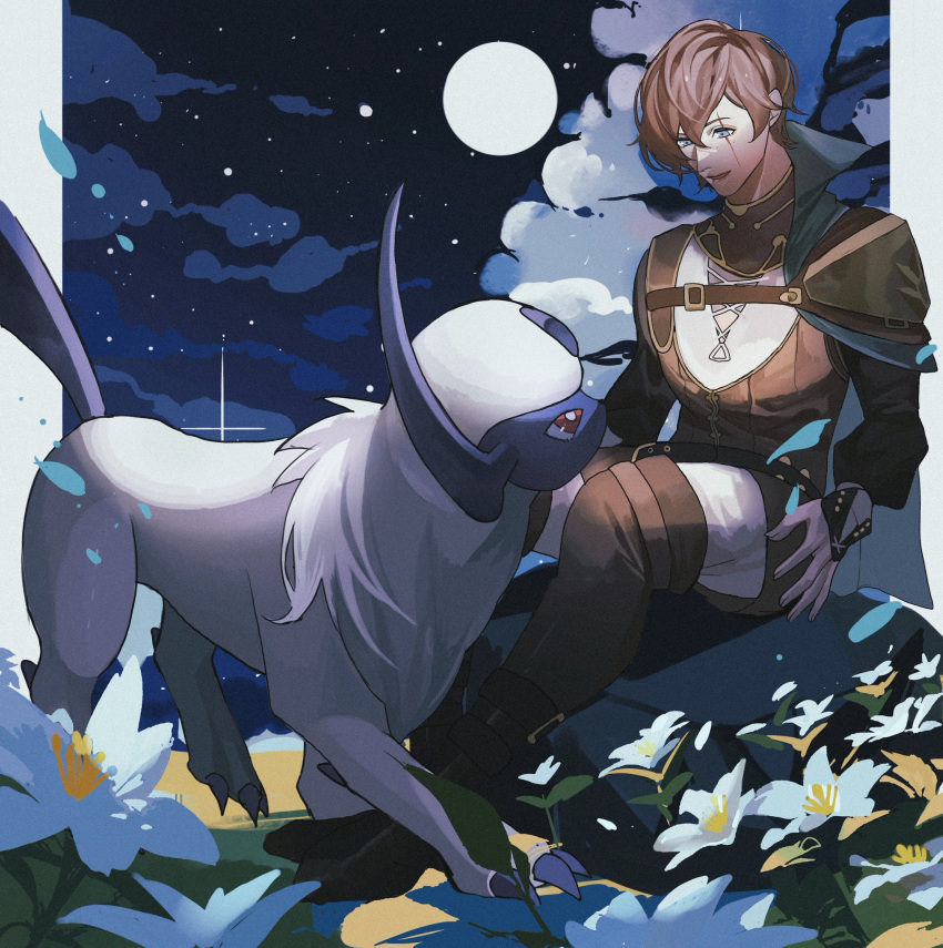 1other absol brown_shirt commission flower highres horns light lips looking_at_another moon night original pokemon red_eyes reo_(mmocc123) rock scar scar_across_eye shirt short_hair single_horn sitting sitting_on_rock skeb_commission sky very_short_hair white_fur