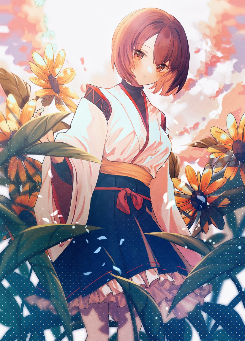 1girl absurdres black_hakama blush brown_eyes brown_hair closed_mouth cloud cowboy_shot flower hakama hakama_short_skirt hakama_skirt highres hyuuga_(kancolle) hyuuga_kai_ni_(kancolle) japanese_clothes kantai_collection kazeshio looking_at_viewer outdoors plant revision short_hair skirt sky solo standing undershirt white_sky wide_sleeves