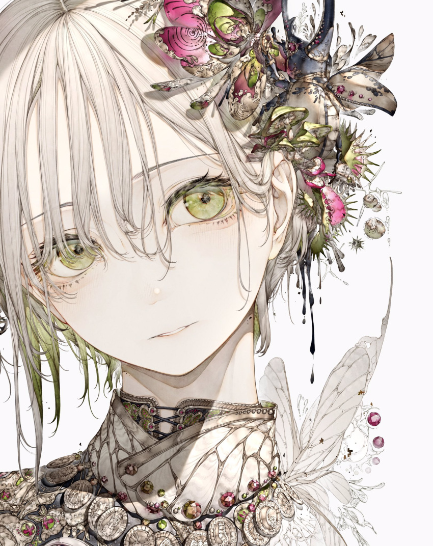 1girl blush collared_shirt colored_inner_hair flower green_eyes green_flower green_hair grey_hair hair_between_eyes hair_flower hair_ornament head_tilt highres hito_komoru long_bangs looking_at_viewer multicolored_hair original parted_lips pink_flower portrait shadow shirt short_hair_with_long_locks solo teeth white_shirt