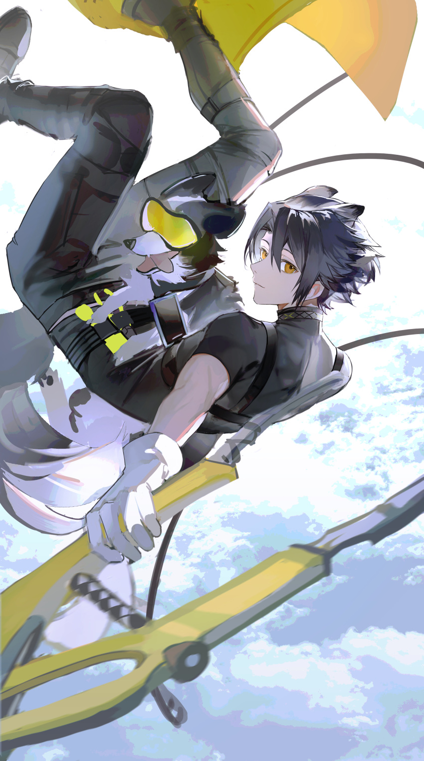 1boy above_clouds absurdres animal_ears arknights black_footwear black_hair black_pants black_shirt cellphone cloud coat covered_shoulder_blades curtained_hair dog dog_boy dog_ears dog_request dog_tail falling foot_out_of_frame from_behind goggles highres holding_tool infection_monitor_(arknights) looking_at_viewer looking_back male_focus midair pants parted_bangs phone shirt short_hair short_sleeves ski_goggles skin_tight sleepless_(wrysmile) smartphone solo tail tinted_eyewear tongue tongue_out tool_belt unworn_coat windflit_(arknights) wire_cutters yellow-tinted_eyewear yellow_coat
