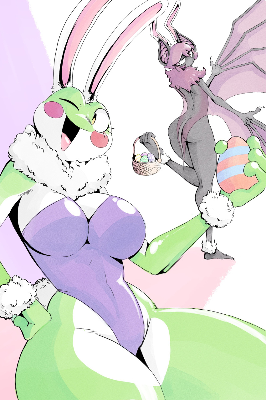 2:3 absurd_res agatha_(noirchaton4) amphibian anthro basket bat big_breasts big_butt biped bob_cut breasts bubble_butt bunny_costume butt claws clothing container costume countershade_torso countershading duo easter easter_basket easter_egg fake_ears fake_rabbit_ears fake_rabbit_tail fake_tail feet female finger_claws flat_chested fluffy_collar frog front_view green_body grefina_(noirchaton4) hair hi_res holidays leaf-nosed_bat legband leotard leotard_only looking_back mammal membrane_(anatomy) membranous_wings microbat neck_tuft noirchaton4 non-mammal_breasts nude_female one_eye_closed open_mouth prehensile_feet purple_body purple_clothing purple_hair purple_skin rear_view red_cheekdots smile strapless_clothing strapless_leotard thick_thighs toe_claws toes tree_frog tuft vampire_bat wide_hips winged_arms wings wink wristband yangochiropteran