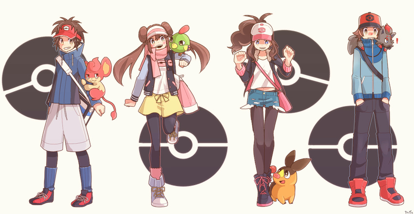 2girls :d alternate_costume blue_eyes blush brown_hair gen_2_pokemon gen_5_pokemon hat kingyo_(g-fish) kyouhei_(pokemon) mei_(pokemon) multiple_boys multiple_girls natu open_mouth pansear pantyhose pokemon pokemon_(creature) pokemon_(game) pokemon_bw pokemon_bw2 shorts smile tepig touko_(pokemon) touya_(pokemon) vest visor_cap zorua