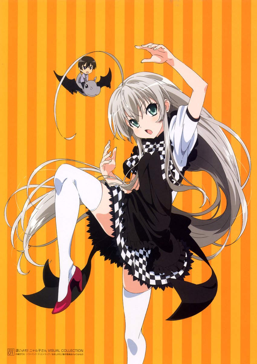 1girl absurdres ahoge arm_up artist_request black_dress bow checkered checkered_bow checkered_skirt chibi dress haiyore!_nyaruko-san high_heels highres long_hair looking_at_viewer nyarlathotep_(nyaruko-san) official_art pose puffy_short_sleeves puffy_sleeves red_footwear shantak_(nyaruko-san) shoes short_sleeves simple_background skirt standing standing_on_one_leg striped striped_background thighhighs two-tone_background very_long_hair yasaka_mahiro zettai_ryouiki