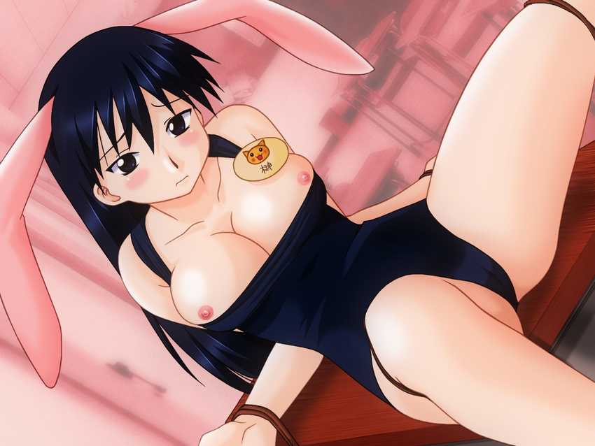 1girl animal_ears azumanga_daiou bdsm black_clothes blush bondage bound bunny_ears count_zero long_hair sakaki solo very_long_hair