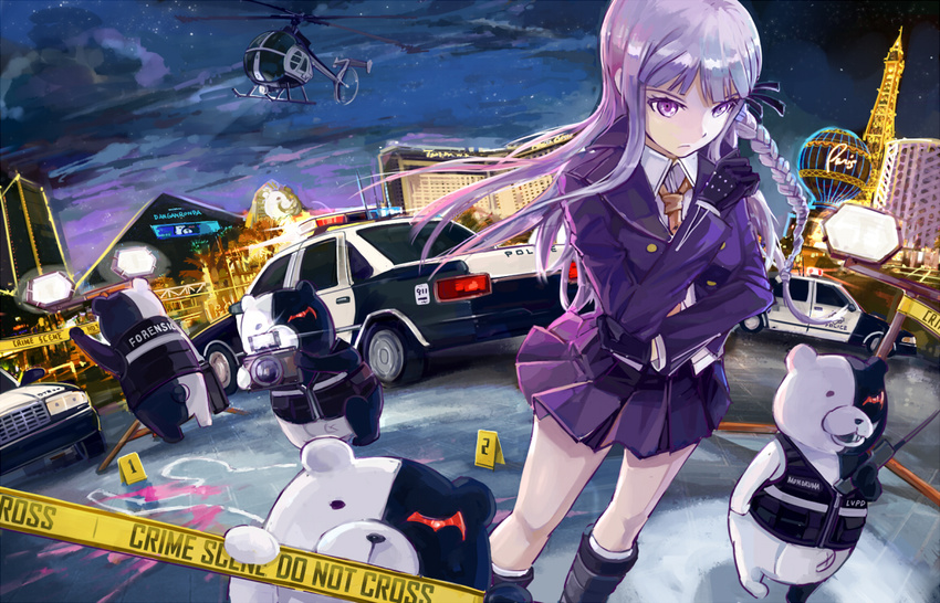aircraft bangs black_gloves blazer blood blood_splatter blunt_bangs boots braid building bulletproof_vest buttons camera car caution_tape chalk_outline character_name chevrolet chevrolet_caprice clenched_hand clothes_writing cloud copyright_name crime_scene csi danganronpa danganronpa_1 detective eiffel_tower english fisheye floating_hair formal frown gloves ground_vehicle hair_ribbon helicopter heterochromia holding holding_arm hughes_500d jacket kevlar kirigiri_kyouko knee_boots las_vegas long_hair long_sleeves looking_at_viewer miniskirt monokuma motor_vehicle necktie night night_sky number outdoors parody pleated_skirt police_car purple_eyes pyramid receiver red_eyes ribbon shirt side_braid silver_hair single_braid skirt skirt_suit sky skyscraper spark_(sandro) sphinx spotlight standing suit very_long_hair vest walkie-talkie wing_collar