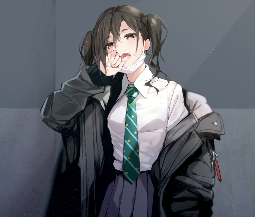 1girl :o bangs black_jacket black_skirt breasts brown_eyes brown_hair collared_shirt commentary_request eyebrows_visible_through_hair finger_in_mouth giba_(out-low) green_neckwear hair_between_eyes hand_up head_tilt highres idolmaster idolmaster_cinderella_girls jacket light_particles long_hair long_sleeves looking_at_viewer medium_breasts miniskirt mole mole_under_eye necktie off_shoulder open_clothes open_jacket open_mouth pleated_skirt school_uniform sharp_teeth shirt sidelocks skirt sleeves_past_wrists solo standing striped striped_neckwear sunazuka_akira teeth tongue twintails upper_body wavy_hair white_shirt