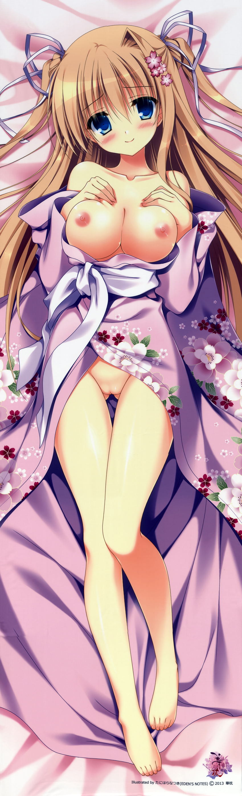 absurdres bed bed_sheet blue_eyes blush breasts brown_hair dakimakura from_above full_body hanamakura highres huge_filesize japanese_clothes kimono legs looking_at_viewer lying medium_breasts nipples no_bra no_panties on_back on_bed on_stomach open_clothes open_kimono pussy solo tanihara_natsuki