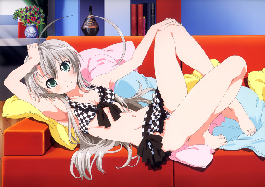 ahoge armpits artist_request barefoot bikini blush checkered checkered_bikini couch green_eyes haiyore!_nyaruko-san highres huge_ahoge legs long_hair long_legs lying nyarlathotep_(nyaruko-san) official_art silver_hair smile solo swimsuit