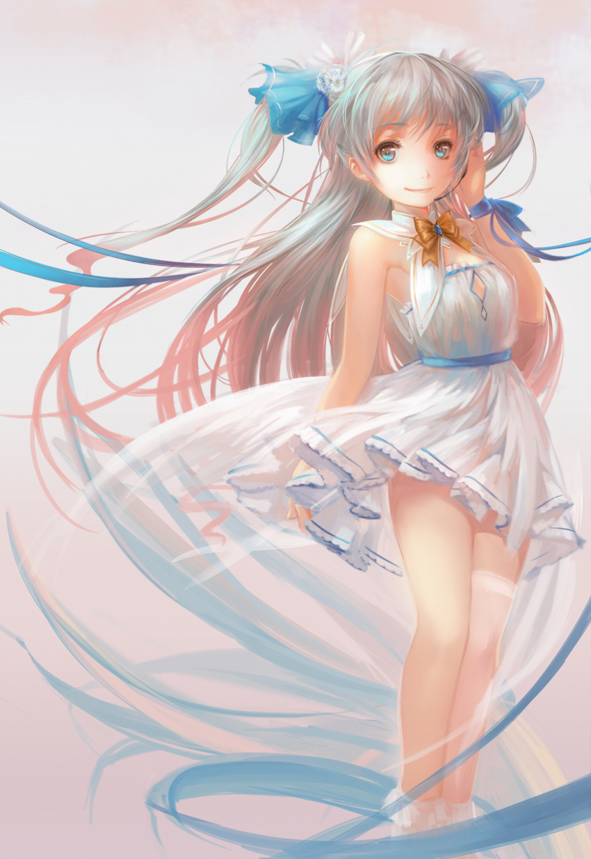 absurdres aqua_eyes blue_ribbon dress flower hair_flower hair_ornament hair_ribbon highres long_hair original ribbon samanta silver_hair simple_background single_thighhigh smile solo thighhighs two_side_up white_dress white_legwear wrist_ribbon