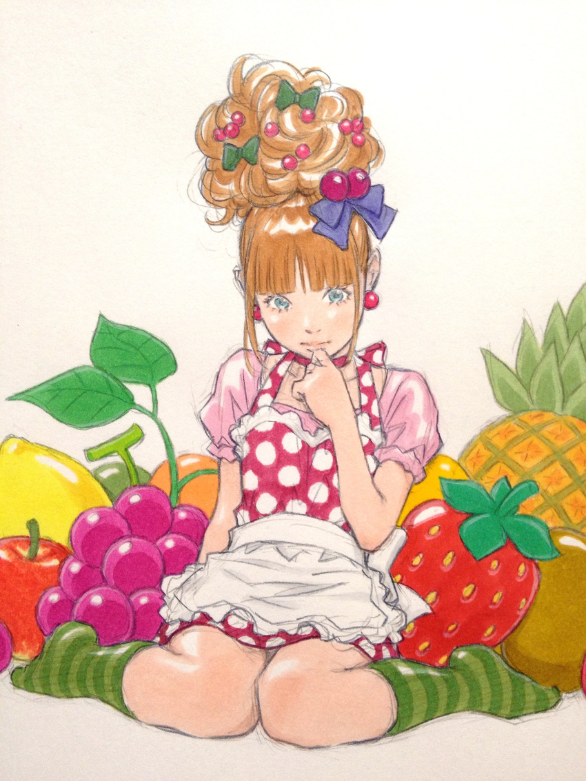 absurdres apple apron bangs blue_eyes blunt_bangs bow brown_hair earrings food fruit grapes green_legwear hair_bow highres jewelry kubonouchi_eisaku lemon lips original pineapple polka_dot polka_dot_apron sitting socks solo strawberry striped striped_legwear traditional_media wariza