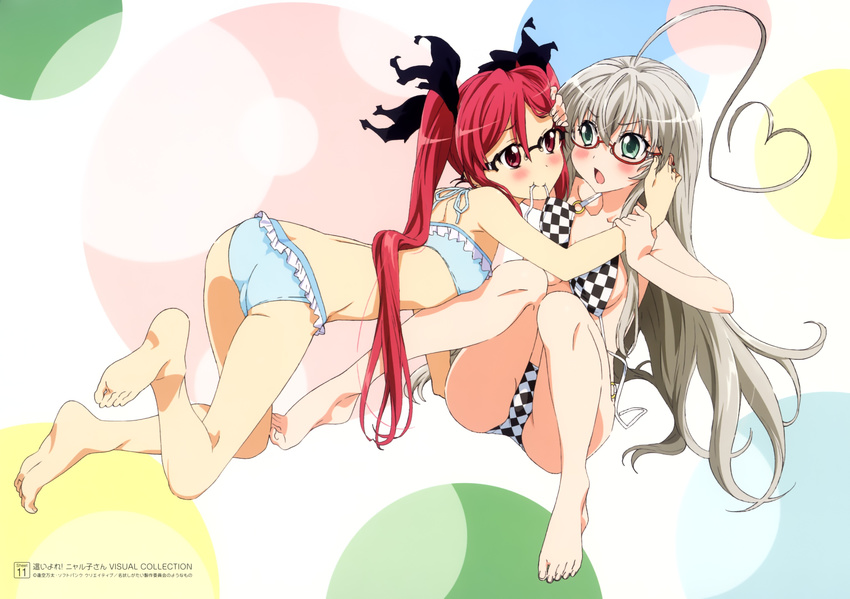 2girls absurdres ahoge barefoot bespectacled bikini blush checkered checkered_bikini chestnut_mouth cthugha_(nyaruko-san) feet frilled_bikini frills glasses green_eyes grey_hair haiyore!_nyaruko-san heart_ahoge highres huge_ahoge kuuko long_hair mouth_hold multiple_girls nyarlathotep_(nyaruko-san) nyaruko official_art open_mouth possible_duplicate red-framed_glasses red_eyes red_hair scan semi-rimless_glasses soles swimsuit toes twintails under-rim_glasses untied untied_bikini yuri