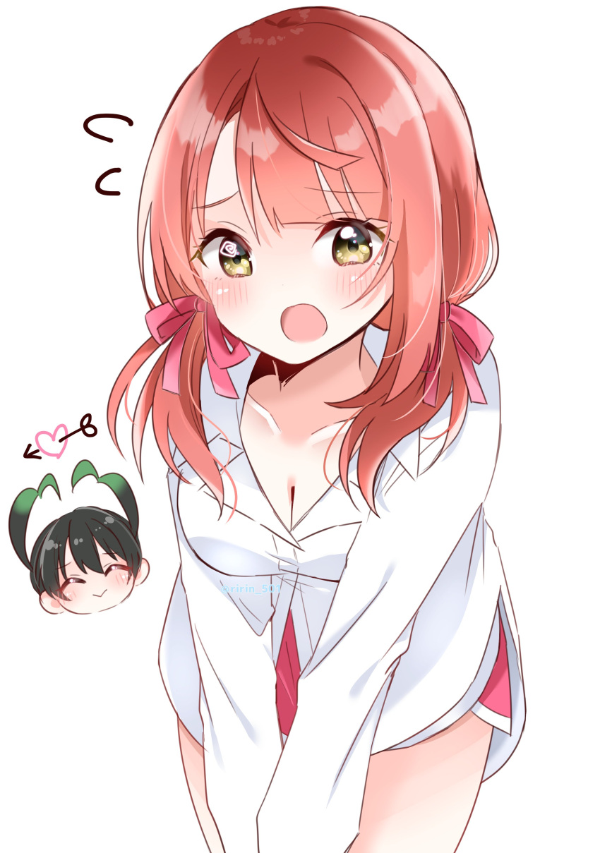 2girls :> ^_^ absurdres arrow_through_heart black_hair blush breasts cleavage closed_eyes closed_mouth collarbone collared_shirt commentary cowboy_shot dolphin_shorts dress_shirt embarrassed flying_sweatdrops gradient_hair green_hair hair_ribbon highres looking_at_viewer love_live! love_live!_nijigasaki_high_school_idol_club medium_breasts medium_hair multicolored_hair multiple_girls official_alternate_costume official_alternate_hairstyle open_mouth oversized_clothes oversized_shirt pink_hair pink_ribbon pink_shorts ribbon ririn_(ririn_501) shirt short_shorts shorts simple_background smile solo_focus takasaki_yu tokimeki_no_mirai_chizu twintails uehara_ayumu v_arms white_background white_shirt yellow_eyes
