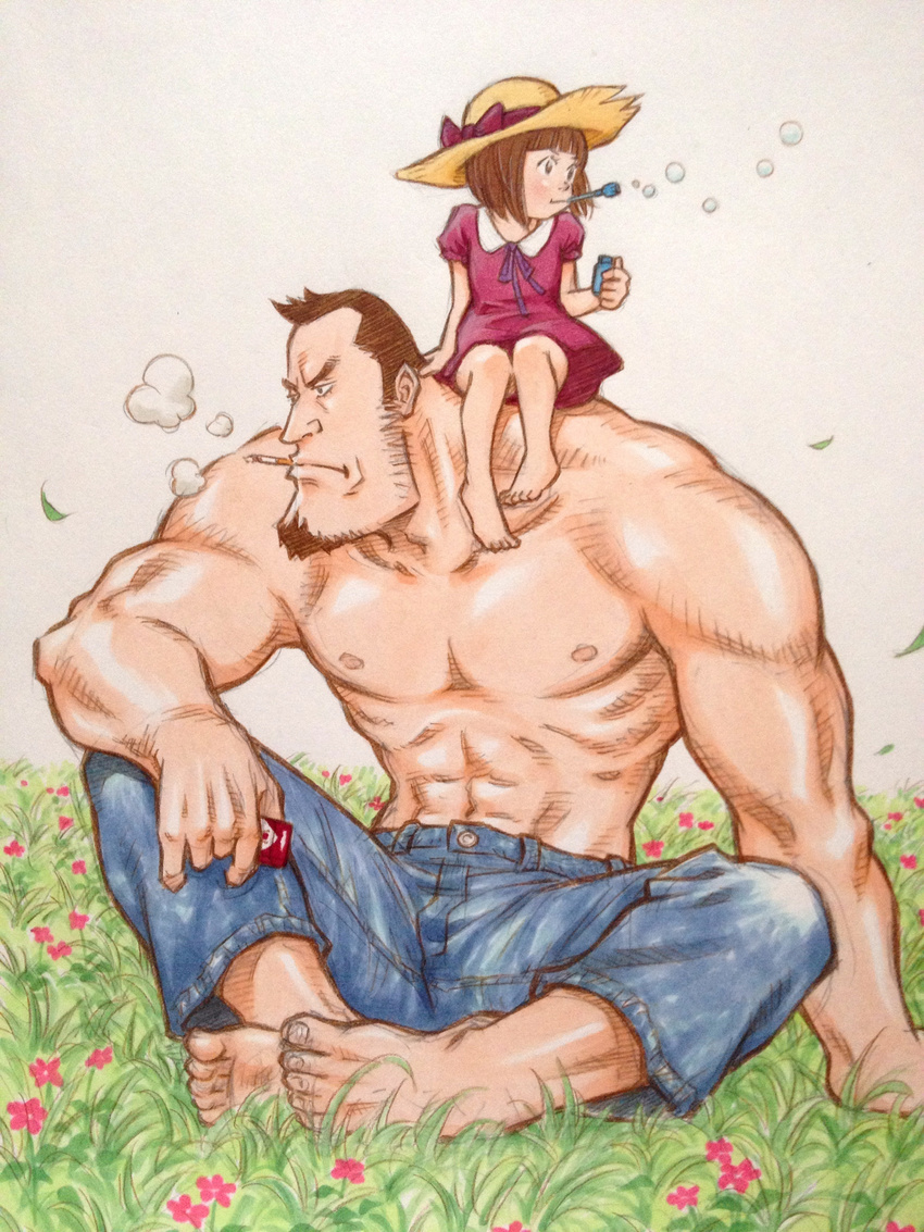 1girl abs absurdres barefoot brown_hair bubble_blowing child cigarette cigarette_box denim dress facial_hair flower goatee grass hat highres jeans kubonouchi_eisaku muscle original pants pectorals shirtless short_hair size_difference smoking traditional_media