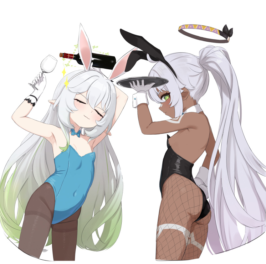 2girls alternate_costume animal_ears ass asuna_(blue_archive) asuna_(blue_archive)_(cosplay) asuna_(bunny)_(blue_archive) bare_shoulders black_leotard black_pantyhose blue_archive blue_leotard bottle breasts closed_eyes closed_mouth cosplay covered_navel cup dark-skinned_female dark_skin detached_collar drinking_glass fake_animal_ears fishnet_pantyhose fishnets genshin_impact green_eyes halo highres holding holding_bottle holding_cup holding_tray iansan_(genshin_impact) karin_(blue_archive) karin_(blue_archive)_(cosplay) karin_(bunny)_(blue_archive) leotard long_hair mockingeu multiple_girls nahida_(genshin_impact) pantyhose pointy_ears ponytail rabbit_ears rabbit_tail simple_background small_breasts smile tail thighband_pantyhose tray very_long_hair white_background white_hair wine_bottle wine_glass wrist_cuffs