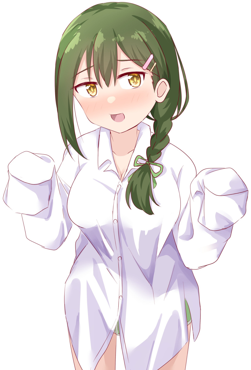 1girl :d absurdres alternate_costume blush breasts cleavage collarbone collared_shirt commentary_request double-parted_bangs dress_shirt green_hair green_shorts hair_ornament hairclip highres lamchan large_breasts link!_like!_love_live! long_hair looking_at_viewer love_live! love_live!_nijigasaki_high_school_idol_club nose_blush oogami_sachi oversized_clothes oversized_shirt shirt short_shorts shorts simple_background sleeves_past_fingers sleeves_past_wrists smile solo straight_hair tokimeki_no_mirai_chizu white_background white_shirt yellow_eyes