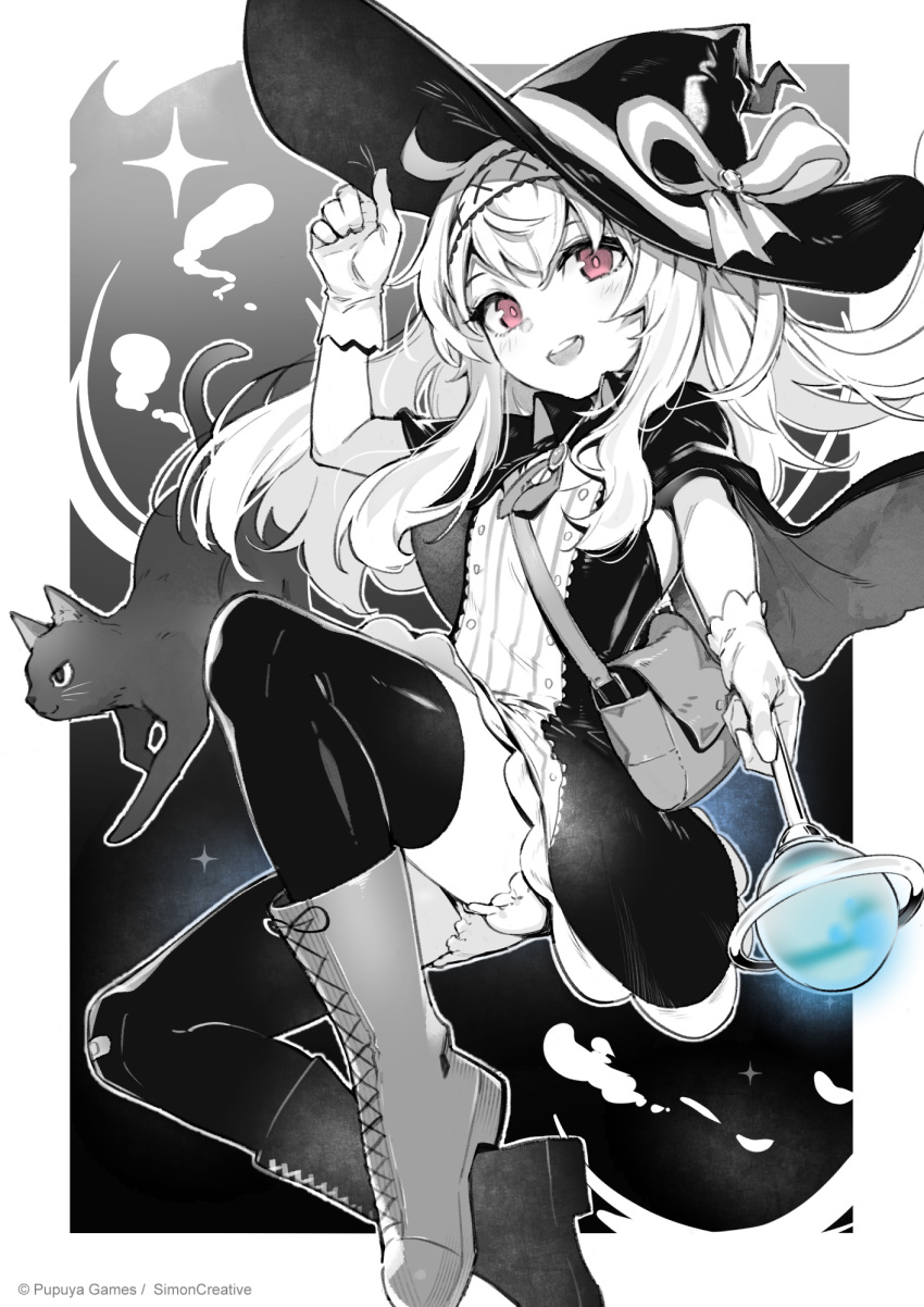 1girl bag bandaid bandaid_on_clothes bandaid_on_knee bandaid_on_leg bloomers boots capelet cat flat_chest gloves hairband hat highres holding holding_staff kumo_sheep little_witch_nobeta long_hair looking_at_viewer monochrome nobeta official_art open_mouth phyllis_(cat)_(little_witch_nobeta) phyllis_(little_witch_nobeta) pink_eyes smile solo spot_color staff thighhighs witch witch_hat