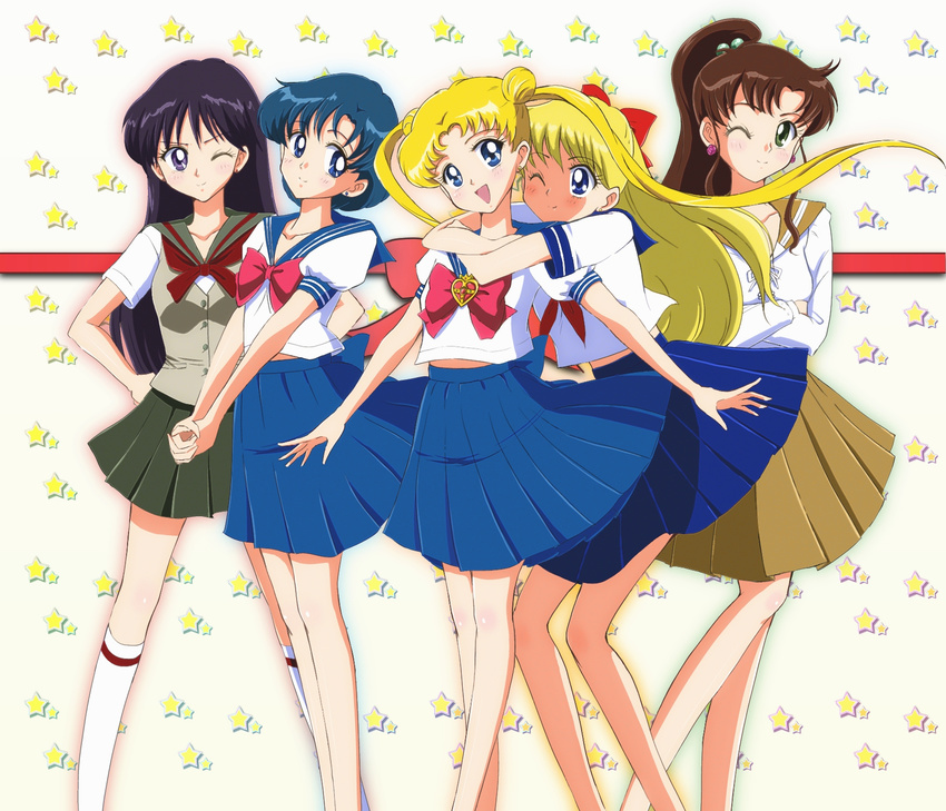 aino_minako bishoujo_senshi_sailor_moon black_hair blonde_hair blue_eyes blue_hair blue_sailor_collar bow brooch brown_hair collarbone crossed_arms double_bun dress earrings green_eyes hair_bobbles hair_bow hair_ornament half_updo highres hino_rei hug hug_from_behind jewelry juuban_middle_school_uniform kinfuji kino_makoto kino_makoto's_school_uniform long_hair long_sleeves looking_at_viewer midriff mizuno_ami multiple_girls neckerchief one_eye_closed open_mouth ponytail purple_eyes red_bow sailor_collar school_uniform serafuku shiba_koen_middle_school_uniform short_hair short_sleeves skirt smile socks star starry_background ta_girls_school_uniform tsukino_usagi twintails vest