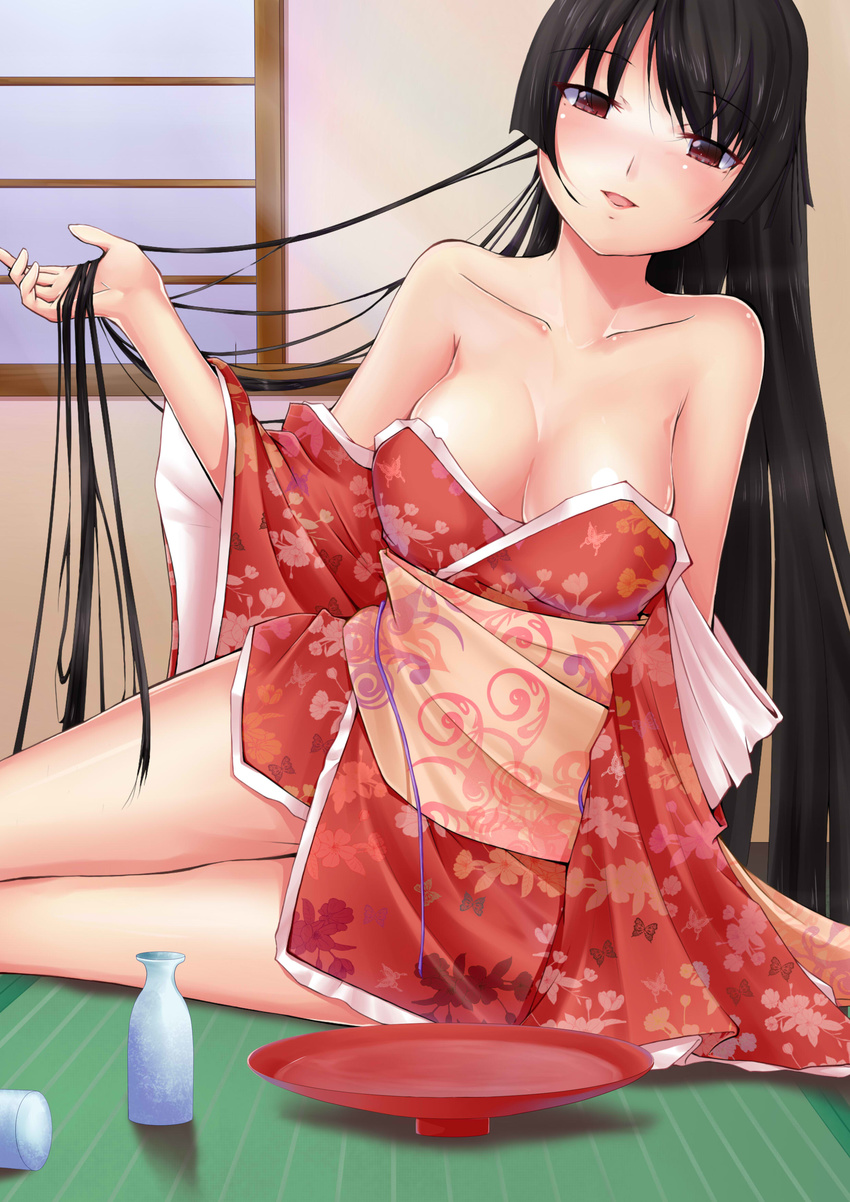 absurdres bare_shoulders black_hair blush breasts brown_eyes cleavage collarbone cup head_tilt highres holding holding_hair houraisan_kaguya japanese_clothes kimono large_breasts long_hair off_shoulder open_mouth red_kimono sakazuki short_kimono short_yukata sitting solo tatami tokkuri touhou tsugaru_(co-walker) very_long_hair yokozuwari yukata