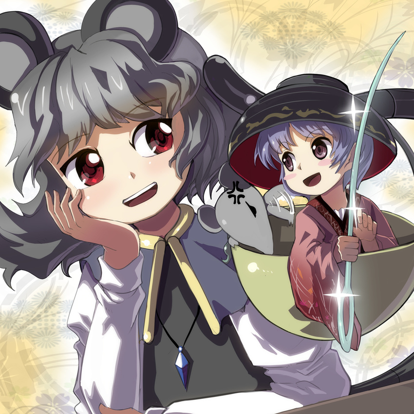 anger_vein animal_ears basket blush_stickers bowl bowl_hat brown_eyes capelet gem grey_hair hand_on_own_cheek hat highres holding_needle jewelry lavender_hair long_sleeves minigirl mouse mouse_ears mouse_tail multiple_girls nazrin necklace needle open_mouth pendant red_eyes shope short_hair smile sukuna_shinmyoumaru tail touhou wide_sleeves