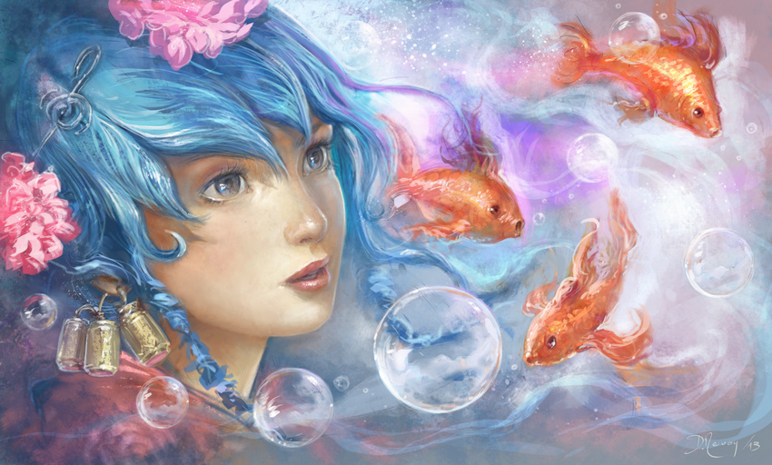 blue_eyes blue_hair bubble david_revoy earrings eyelashes face fish flower goldfish hair_flower hair_ornament hairclip highres jewelry lips lipstick long_hair makeup nose original solo