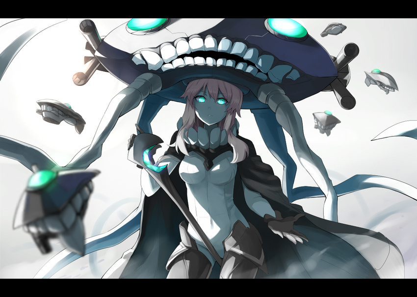 aqua_eyes cape contrapposto emerane enemy_aircraft_(kantai_collection) gloves glowing glowing_eyes kantai_collection letterboxed looking_at_viewer monster pale_skin shinkaisei-kan solo staff standing teeth weapon wo-class_aircraft_carrier