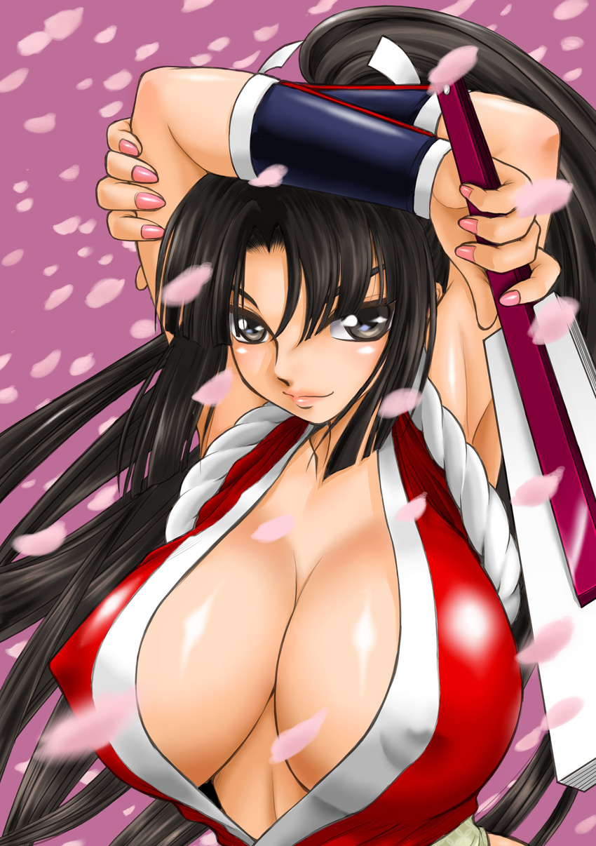 1girl absurdres arm_up artist_request black_hair breasts cleavage covered_nipples erect_nipples fan fatal_fury highres huge_breasts king_of_fighters no_bra shiranui_mai smile snk solo suzu_yoshiaki wolfpack