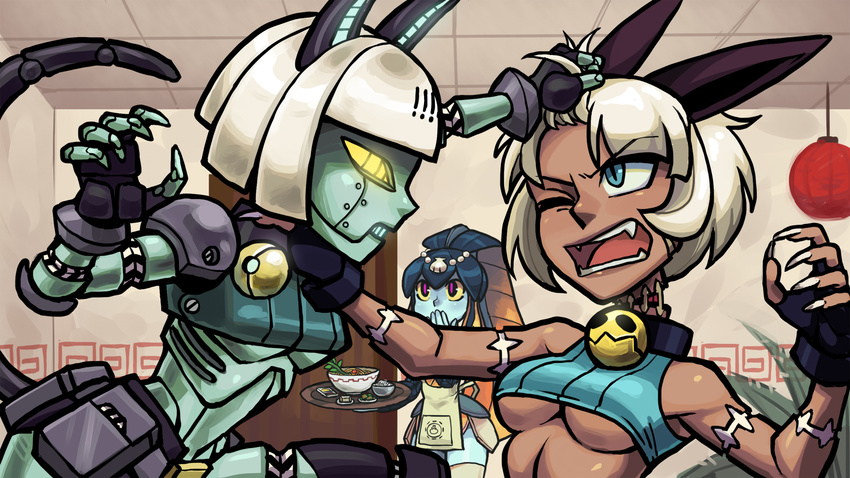 apron aqua_eyes blue_skin bob_cut breasts catfight choker claws covering_mouth dark_skin fangs fingerless_gloves fingernails fish_girl gloves glowing glowing_eyes hair_pull hand_over_own_mouth highres lab_zero_games long_fingernails medium_breasts minette_(skullgirls) ms._fortune_(skullgirls) multiple_girls official_art pink_eyes restaurant robo-fortune robot scallop scar skullgirls underboob x_villain yellow_sclera