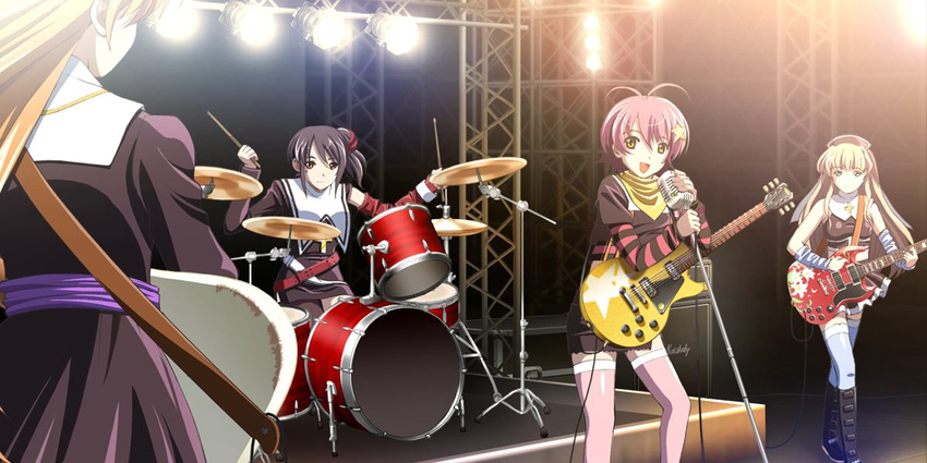 1boy 3girls brown_eyes brown_hair crossdressing drum game_cg green_eyes guitar hair_ornament instrument isurugi_chie kashiwara_sarina katakura_shinji kira_kira maejima_shikako maejima_shikanosuke multiple_girls pink_hair purple_hair shiino_kirari short_hair trap