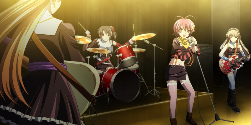 1boy 3girls brown_eyes brown_hair crossdressing drum game_cg green_eyes guitar hair_ornament instrument isurugi_chie kashiwara_sarina katakura_shinji kira_kira maejima_shikako maejima_shikanosuke multiple_girls pink_hair purple_hair shiino_kirari short_hair trap