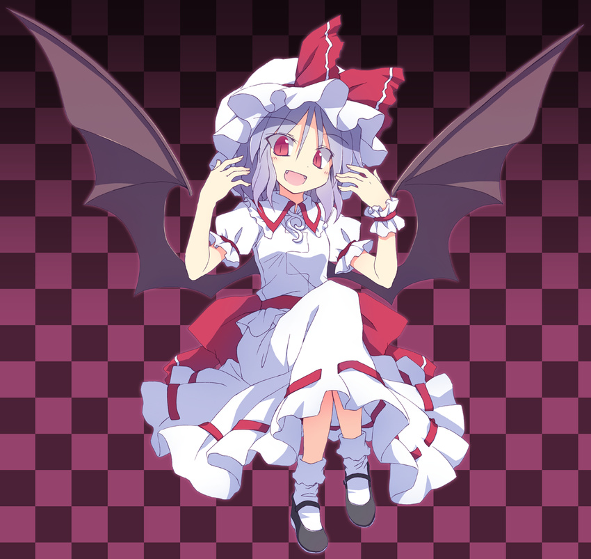 :d bat_wings blue_hair checkered checkered_background hat looking_at_viewer mary_janes mob_cap open_mouth red_eyes remilia_scarlet satou_kibi shoes short_hair skirt skirt_set slit_pupils smile solo touhou wings wrist_cuffs